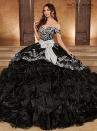 Luxury Black Princess Quinceanera Dresses Off Shoudler Silver Embroidery Ruffles Corset vestidos de 15 anos Sweet 16