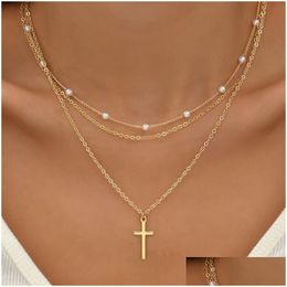 Pendant Necklaces Voleaf Mti-Layer Chain Cross Pendant Necklace Pearl Handmade Jewellery For Drop Delivery Jewellery Necklaces Pendants Dhn4W