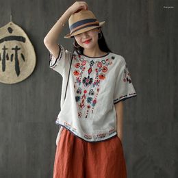 Ethnic Clothing Classic Women Embroidery Flower Qipao Shirt Summer Girl Cotton Daily Blouse Fashion O-Neck Short Sleeve Tang Top Chinese