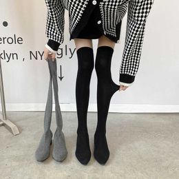 winters Boots Elastic Socks Female New Women's Versatile Long Sleeve Knitted Over Knee Thick Heel Pointed Thin High