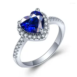 Cluster Rings S925 For Women Sterling Bridal Wedding Luxury Fine Jewellery Blue Heart Cubic Zirconia Ring Vintage Bijoux