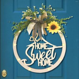 Decorative Flowers Wooden Wreath Welcome Door Sign With Light Hollow Hanging Plaque Ornaments Handicrafts Reusable Home Decor For Yard