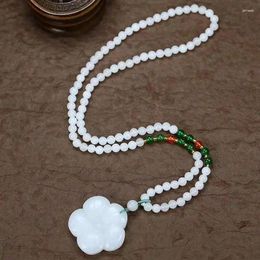 Pendants Genuine Natural White Jade Flower Pendant Necklace Women Fine Jewelry Real Chinese Jades Stone Beads Sweater Chain Necklaces