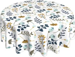 Table Cloth Blue Grey Floral Leaves Round Tablecloth 60 Inch Spring Summer Leaf Table Clothes Rustic Reusable Circle Table Cover for Dining 231115