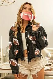 Women's Jackets Sports Casual Corduroy Jackets For Women Retro Turn-down Collar Football Sequins Tassel Women's Jacket Long Sleeve Jackets 231114