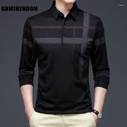 Men's Polos SHMTRENDOM 2023 Mens Polo Shirts High Quality Long Sleeve Plaid Business Casual Male Tops Fashion Slim Fit Simple Man Tees