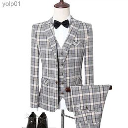 Men's Jackets Men Wedding 2023 Elegance Plaid 3 Pieces Suit Coat Trousers Set / Business Casual Tuxedo Formal Blazers Jacket Pants VestL231115