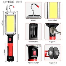 Camping Lantern 1pcs USB Rechargeable COB Work Light Portable LED Flashlight 18650 Adjustable Waterproof Magnet Hook Clip Camping Lantern Q231116