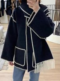 Women's Fur Faux Fur TRAF With Scarf Oversize Women Trench Coat Autumn Winter Warm Thick Long Sleeve Buttons Loose Jacket Female Windbreak 231115