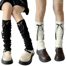 Women Socks 449B Harajuku Gothic Ribbed Knit Leg Warmer Japanese Sweet Ribbon Bowknot Lettuce Ruffled Hem Foot Cover Stocking