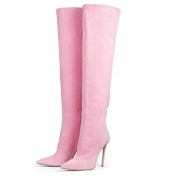 Boots 2023 Women Fashion Candy Colours Suede Knee High Sexy Thin Heel Pointed Toe Autumn Winter Shoes 34-45