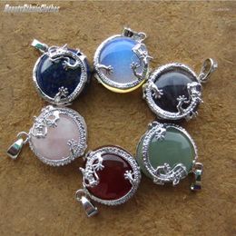 Pendant Necklaces Chinese Dragon Wrapped Flat Round Beads Pendants Amethyst Lapis Lazuli Moonstone Red Agate Jewelry Adult Necklace