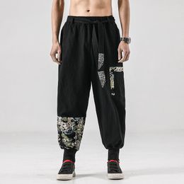 Men's Pants Japanese Kimono Men Cotton Linen Costume -e Print Belt Retro Harem Haori Baggy Trousers Harajuku Hip Hop