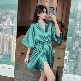 Women's Sleepwear Sexy Women Nightwear Robe Satin Dress Short Sleeve Bathrobe Korean Women's Clothes For Sleep Evening Gown Home Wear