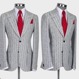 Light Grey Striped Groom Tuxedos Slim Fit Peaked Lapel Men Pants Suits Groomsmen Custom Made Wedding Coat 2 Pieces