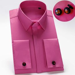 Men's Dress Shirts Men's French Cuff Shirt Covered Button Long Sleeve Men Business Formal Royal Blue Wedding Party Cufflinks Tuxedo