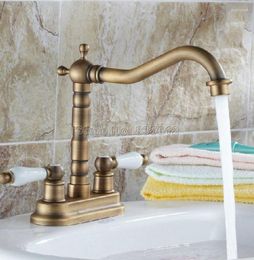 Bathroom Sink Faucets Retro Antique Brass Swivel Spout Kitchen Faucet / Dual Handles Basin Mixer Tap Deck Mount Two Hole Wnf259