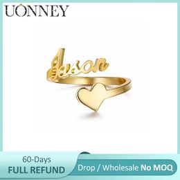 Wedding Rings UONNEY Drop Personalised Heart Open Ring Adjustable Name Rings for Women Unique Gift Stainless Steel Anniversary Jewellery 231114