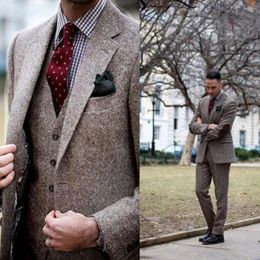 Men's Suits Vintage Winter Tweed Blazer Sets Brown Men's With Patch Design 3 Pieces Costume Homme Smart Business Formal Wedding