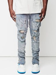 Men s Jeans Design Men Man paint Slim Fit Cotton Ripped Denim pants Knee Hollow Out Light blue for Streetwear 231114