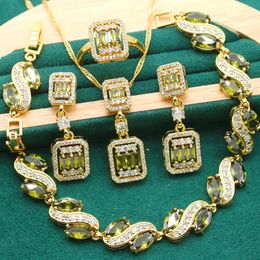 Wedding Jewellery Sets Olive Green Topaz Gold Colour Jewellery Sets for Women Wedding Exquisite Bracelet Earrings Necklace Pendant Ring Holiday Gift 231115