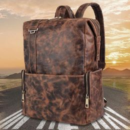 Backpack Vintage Crazy Horse Leather Man's Fit 15.6" Laptop Big Capacity Rucksack Cow School Bag Male Travel Backapack