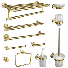 Bath Accessory Set Gold Brushed Bathroom Accessories Hardware Towel Bar Rail Paper Holder Robe Hook Soap Dish Hanger Shelf Toilet Brush 231115