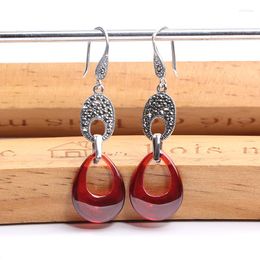 Dangle Earrings ZHJIASHUN Natural Chalcedony Garnet Drop For Women Round 925 Sterling Silver Ruby Gemstone Retro Jewellery