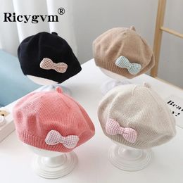 Caps Hats RICYGVM Kids Girl Knitted Beret Cute Bow Princess Artist Painter Cap Solid Colour Crochet Hat Autumn Winter Warm Children Beanies 231115