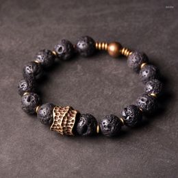 Strand Artificial Brass Charm Bead Lava Rock Stone Bracelet Punk Minimalist Hand Forged Rugged Wrist Jewellery For Men Women