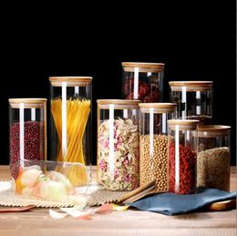 Food Storage Cereal Container Airtight Canisters with Bamboo Wood Lids Transparent Glass Jars Kitchen Pantry Organizer