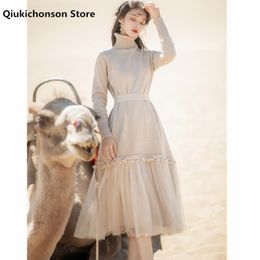 Casual Dresses Autumn Winter Cute Mesh Patchwork Ruffle Sweater Dress Women Vintage Literary Mori Girl Belted Long Turtleneck Knitted