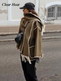 Women's Fur Faux Fur Elegant Loose Women's Coat With Scarf Fashion Long Sleeve Pocket Single Breasted Female Coats Autumn Winter Lady Jacket 231115