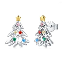 Stud Earrings 925 Sterling Silver Colourful Christmas Tree Earring Cute Crystal Xmas Birthday Jewellery Gifts For Women Friends Teen Girls