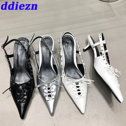 Dress Shoes Heeled For Ladies Sandals Slides Female Slingbacks 2023 Fashion Pointed Toe Rivet Woman Pumps Medium High Heels 231115