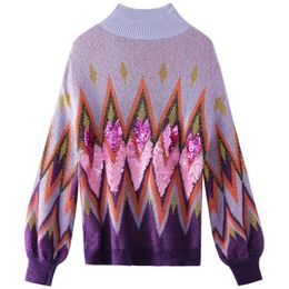 Autumn/Winter Purple Knit Colour Wool Blend Sequin Knit Sweater for Women