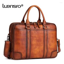 Briefcases Vintage Brown Coffee Men's Briefcase Genuine Leather Casual Handbag Handmade Man Portfoilo Business Bag Large Laptop