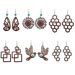 Dangle Chandelier Geometric Abstract Natural Wood Honeycomb Turquoise Drop Earrings Cutout Butterfly Bird Sunflowers Jewel Dhgarden Dhoz3