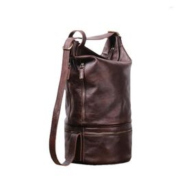 Duffel Bags Men Women Large Backpack Schoolbag Real Cow Leather Business Laptop Bag Retro Unisex Cylinder Travel Mountain Climbing