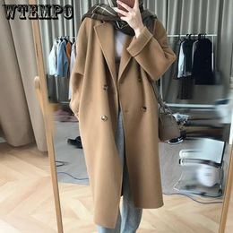 Women's Fur Faux Fur WTEMPO Double Sided Cashmere Coat Women's Medium Long Woolen Topcoat Autumn and Winter Premium Hepburn Style Overcoat 231115