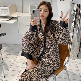 Womens Sleepwear Leopard Print Ice Silk Pyjamas Cool Feeling in Summer Slip Thin Cardigan VNeck Long Sleeve Pants 230414