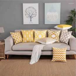 Pillow Home Decor Embroidered Cover Yellow Geometric Canvas Cotton Square Embroidery 45x45cm Sham