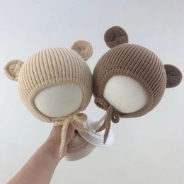 Caps Hats Cute Bear Crochet Baby Hat Soft Pompom Infant Girls Boys Cap Beanie Solid Winter Kids Knitted Warm Ear Protection Bonnet Hat 231115