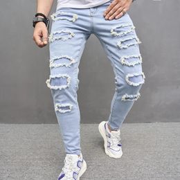 Men s Jeans Men Streetwear Stylish Ripped Patch Slim Pencil Trousers Male Casual Stretch Denim Pants 231114