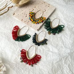 Dangle Earrings Vintage Handmade Woven Rice Beaded V Shape Drop For Women Bohemian Resin Stone Flower Pendant Design