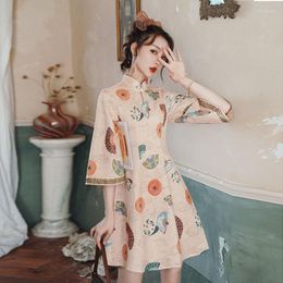 Casual Dresses Spring Improved Cheongsam Chinese Style Short Cropped Sleeve Daily Dress Girl A-line Skirt Vintage For Women QIPAO
