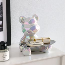 Decorative Objects Figurines Geometric shape ceramic electroplating statue bear with piggy bank tray candy cosmetic storage box display shelf decoration. 231115