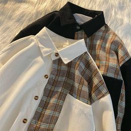 Women's Blouses QWEEK Vintage Plaid Shirt Japanese Harajuku Men Blouse Oversize Women's Long Sleeve Top Streetwear Aesthetic Fashion