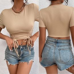 Women's T Shirts Women Summer Short Sleeve O-Neck Crop Top Harajuku Sexy Ruched Drawstring Slim Fit T-Shirt Ribbed Knit Solid Colour Tee