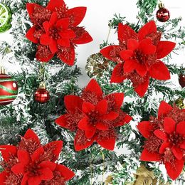 Decorative Flowers 5/10Pcs Glitter Christmas Tree Flower Artificial Poinsettia Ornaments Xmas Wreath DIY Decorations Supplies